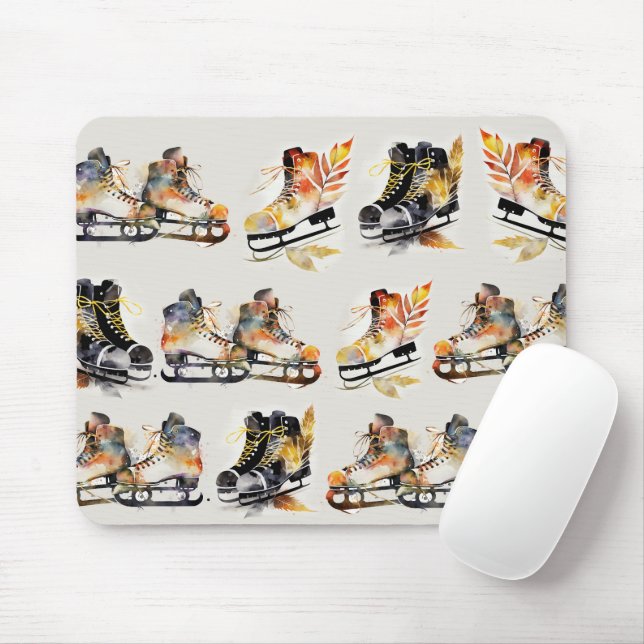Watercolor Ice Skates with Autumn Leaves Pattern   Mouse Pad (With Mouse)