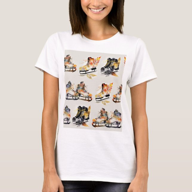 Watercolor Ice Skates with Autumn Leaves Pattern   T-Shirt (Front)