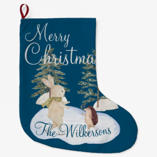 Watercolor Ice Skating Forest Animals on Blue Large Christmas Stocking