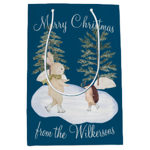 Watercolor Ice Skating Forest Animals on Blue Medium Gift Bag