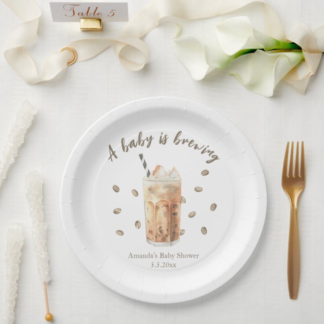 Watercolor Iced Coffee Brewing Baby shower Paper Plate (Wedding)