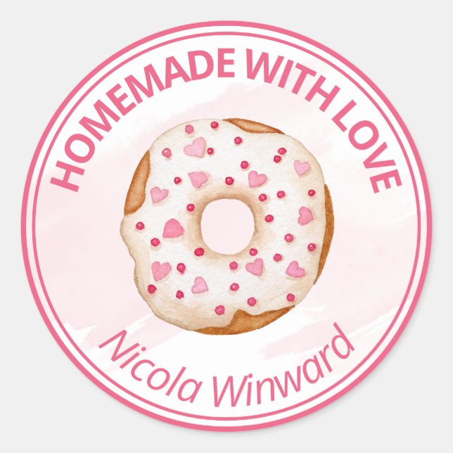 Watercolor Iced Doughnut Homemade Small Business Classic Round Sticker (Front)