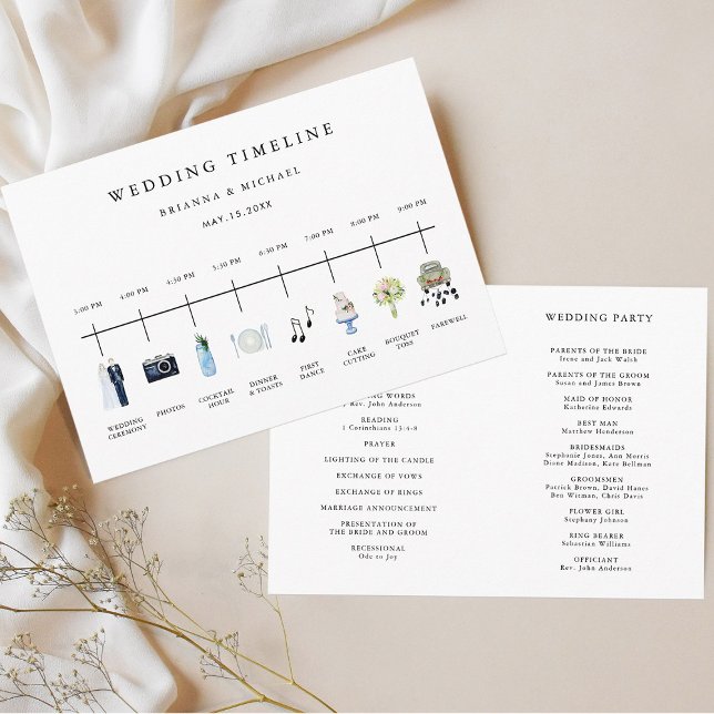 Watercolor Icon Wedding Day Timeline & Ceremony Programme (Front & Back)