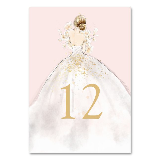 Watercolor Illustrated Bride in Gown Table Number (Front)
