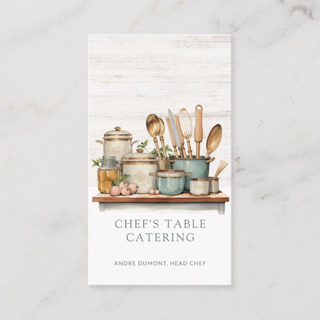 Watercolor Illustrated Cook's Table Chef Caterer Business Card (Front)
