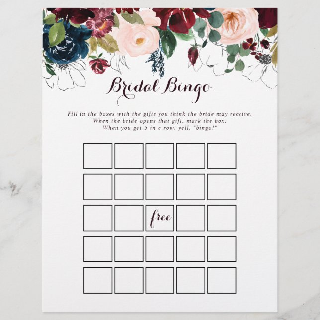 Watercolor Illustrated Fall Bridal Bingo Game (Front)