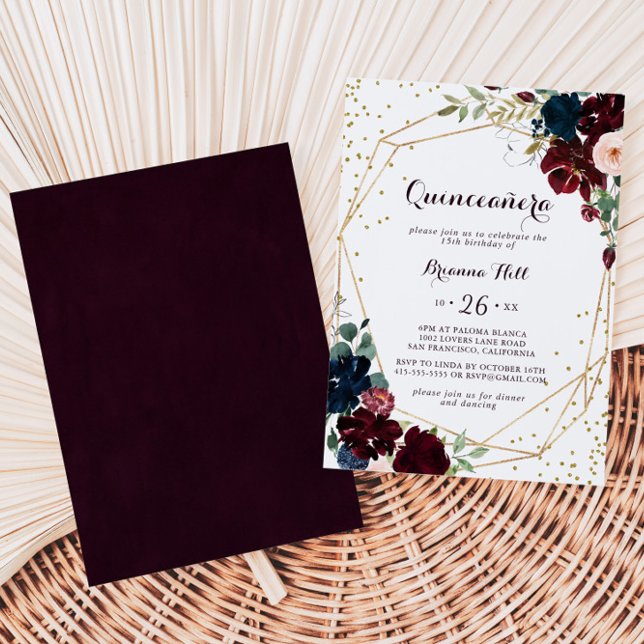 Watercolor Illustrated Geometric Gold Quinceañera Invitation (Creator Uploaded)