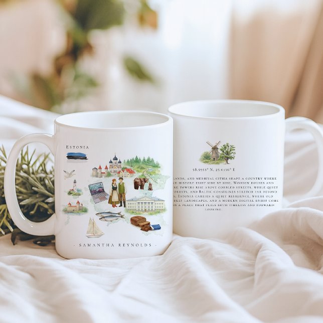 Watercolor Illustrated Map Estonia | Monogram Coffee Mug (Creator Uploaded)