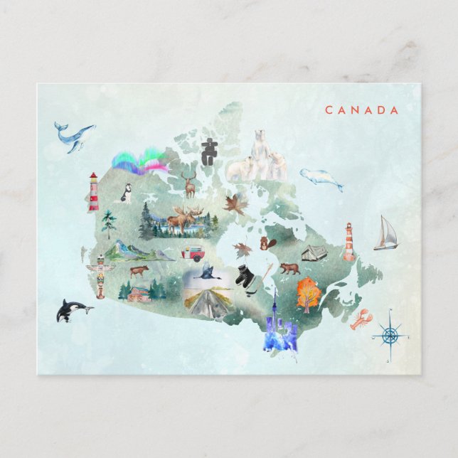 Watercolor Illustrated Map of Canada Art Postcard (Front)