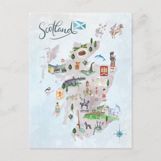 Watercolor Illustrated Map of Scotland Art Postcard (Front)