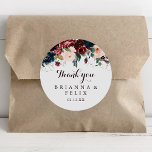 Watercolor Illustrated Thank You Wedding Favour Classic Round Sticker<br><div class="desc">This watercolor illustrated thank you wedding favour classic round sticker is perfect for a simple wedding. The design features artistic hand-painted watercolor navy blue, burgundy, red, blush roses and peonies with elegant green leaves, inspiring the colourful idyllic autumn beauty. Make the sticker labels your own by including your names, the...</div>