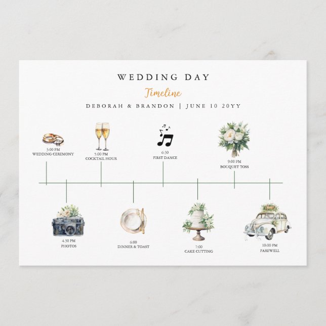 Watercolor Illustrated Wedding day Timeline  Programme (Front)