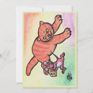 Watercolor Illustration Cat Mouse Cheese cartoon Invitation