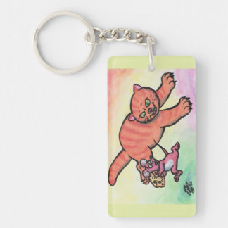 Watercolor Illustration Cat Mouse Cheese cartoon Key Ring