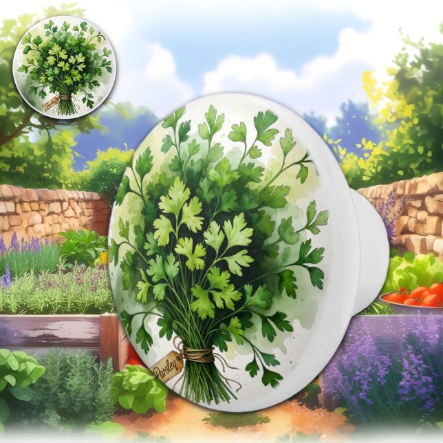 Watercolor Illustration Fresh Parsley Bouquet Ceramic Knob (Creator Uploaded)