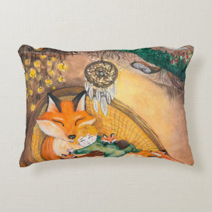 watercolor illustration of a burrow dad fox on a c decorative cushion