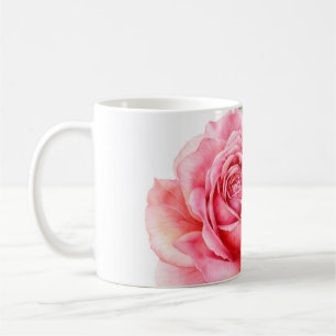 Watercolor illustration of a delicate pink rose wi coffee mug