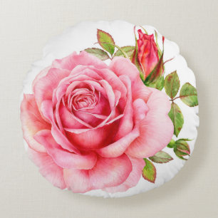 Watercolor illustration of a delicate pink rose wi round cushion