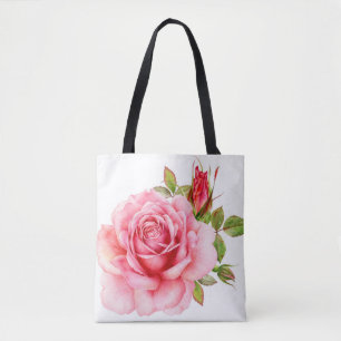 Watercolor illustration of a delicate pink rose wi tote bag