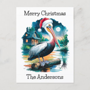 Watercolor Illustration of a Santa Pelican Holiday Postcard