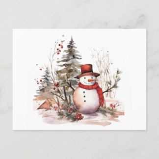 Watercolor illustration of a snowman in a hat and postcard