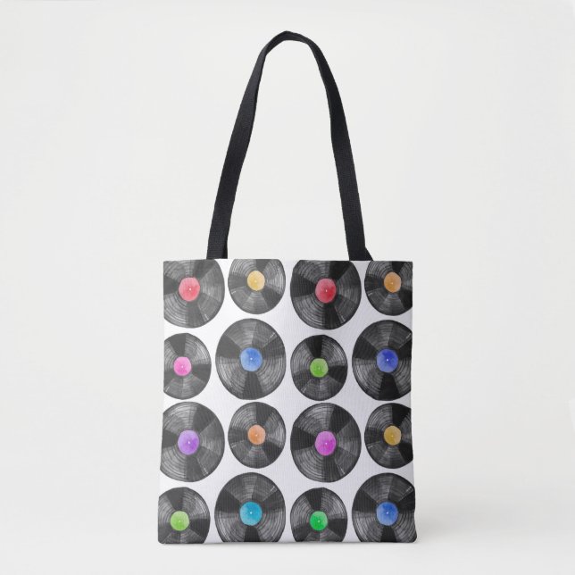 Watercolor illustration of a vinyl lp retro record tote bag (Front)