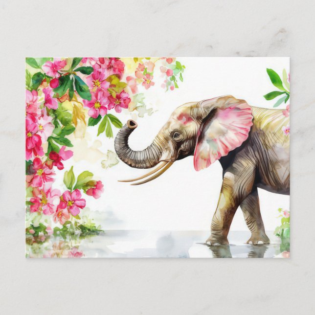 watercolor illustration of an elephant with flower postcard (Front)