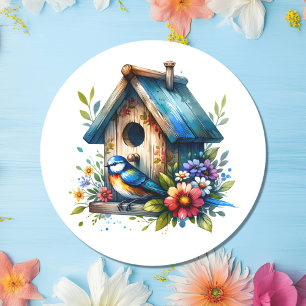Watercolor Illustration of Birdhouse and Bird Classic Round Sticker