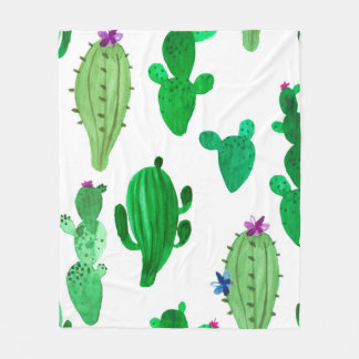 Watercolor illustration of green ink desert cactus fleece blanket