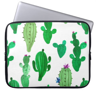 Watercolor illustration of green ink desert cactus laptop sleeve
