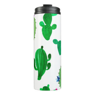 Watercolor illustration of green ink desert cactus thermal tumbler