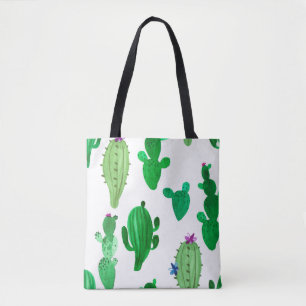 Watercolor illustration of green ink desert cactus tote bag