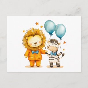 Watercolor Illustration of Lion and Zebra with Bal Postcard