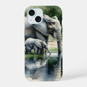 Watercolor Illustration of Mama and Baby Elephant iPhone 15 Case
