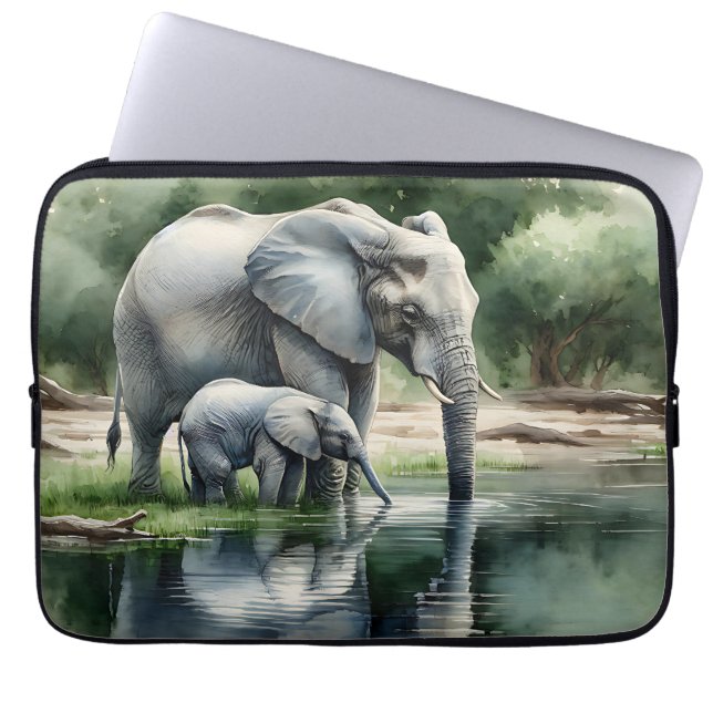 Watercolor Illustration of Mama and Baby Elephant Laptop Sleeve (Front)