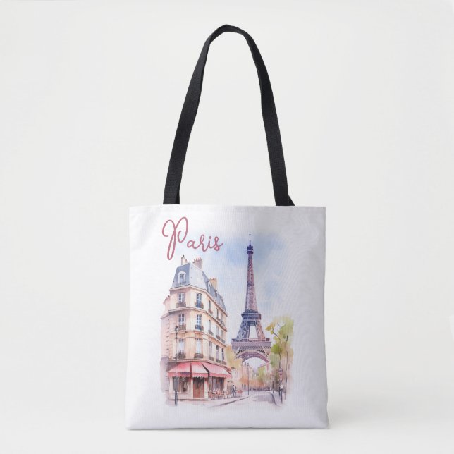 Watercolor Illustration of Paris Eiffel Tower Tote Bag (Front)