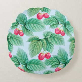 Watercolor illustration of raspberries. Seamless p Round Cushion