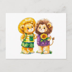 Watercolor Illustration of Teddy Bear and Lion wit Postcard