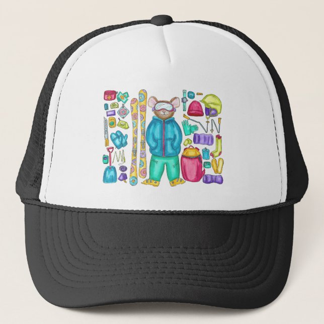 Watercolor Illustration Skiing Pika and Gear Trucker Hat (Front)