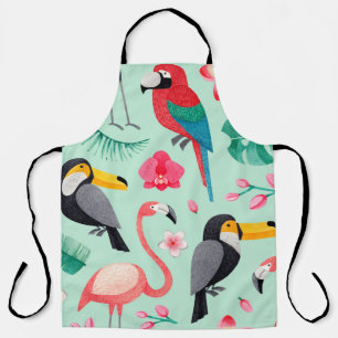 Watercolor illustrations of birds, tropical flower apron