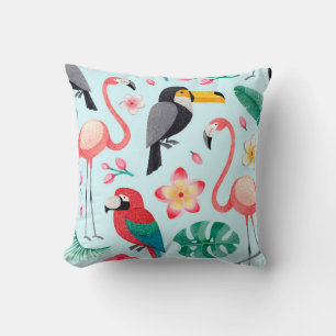 Watercolor illustrations of birds, tropical flower cushion