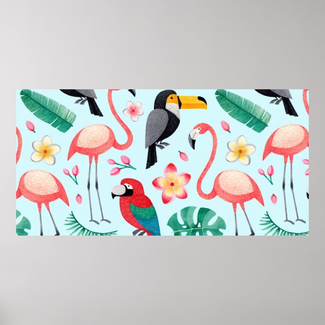 Watercolor illustrations of birds, tropical flower poster (Front)