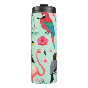 Watercolor illustrations of birds, tropical flower thermal tumbler