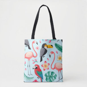 Watercolor illustrations of birds, tropical flower tote bag