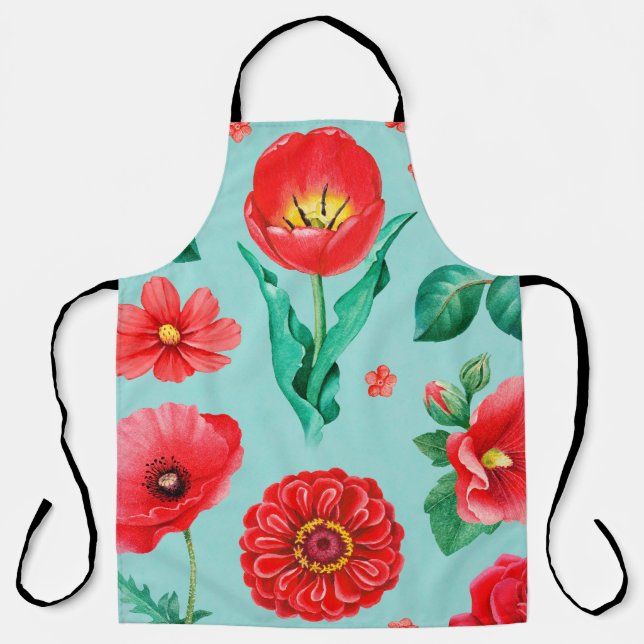 Watercolor illustrations of red flowers. Seamless  Apron (Front)