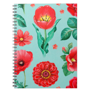 Watercolor illustrations of red flowers. Seamless  Notebook