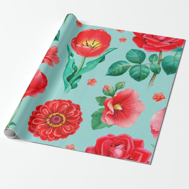 Watercolor illustrations of red flowers. Seamless  Wrapping Paper (Unrolled)
