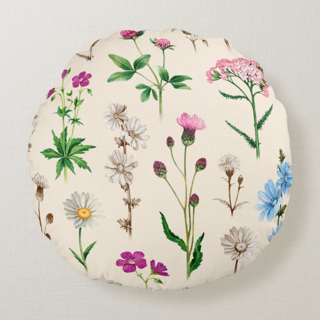 Watercolor illustrations of wild flowers. Seamless Round Cushion (Front)