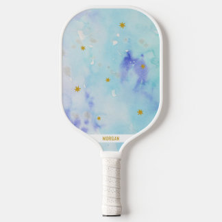 Watercolor in aquablue with golden stars pickleball paddle