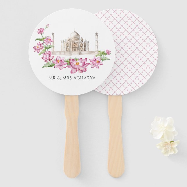 Watercolor Indian Lotus Flower Taj Mahal Hand Fan (Front and Back)